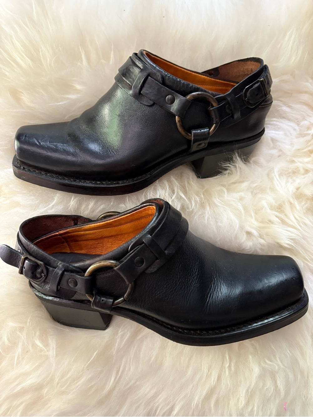 Frye Black Leather Harness Clog Shoes